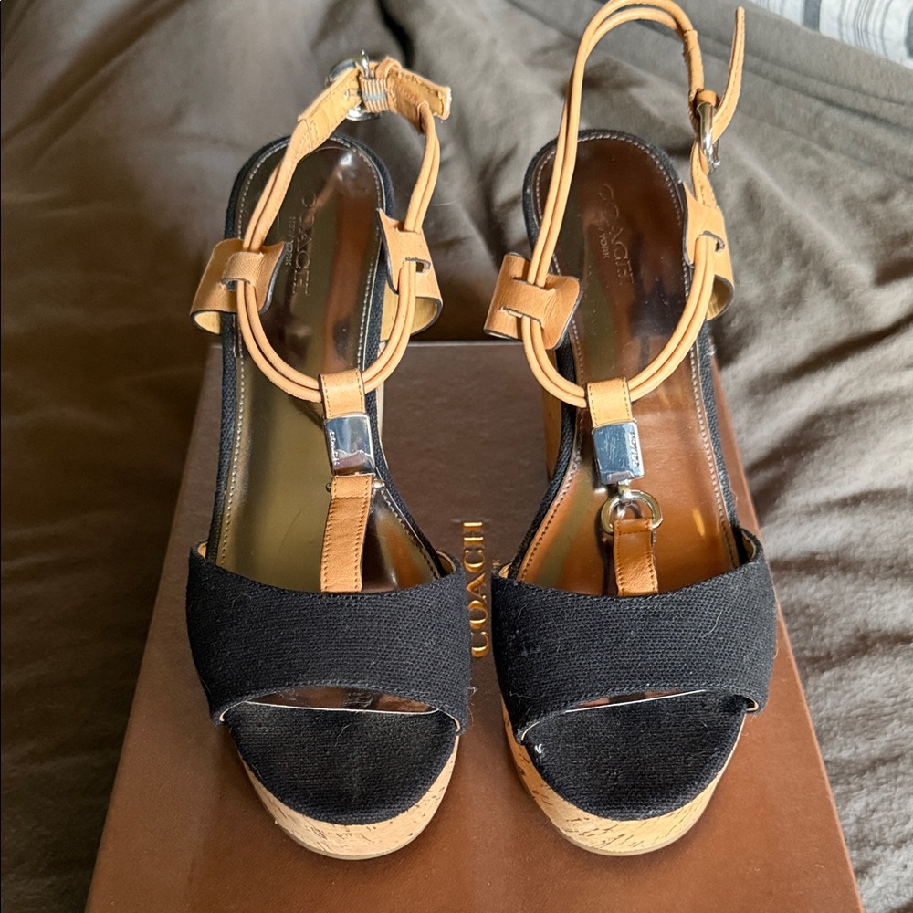 Coach Black and Tan Wedge Sandals